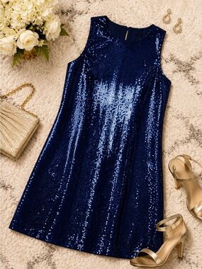 MSK Midnight Blue Sparkle Shift Dress NWT Size Small Keyhole Back Party Dress